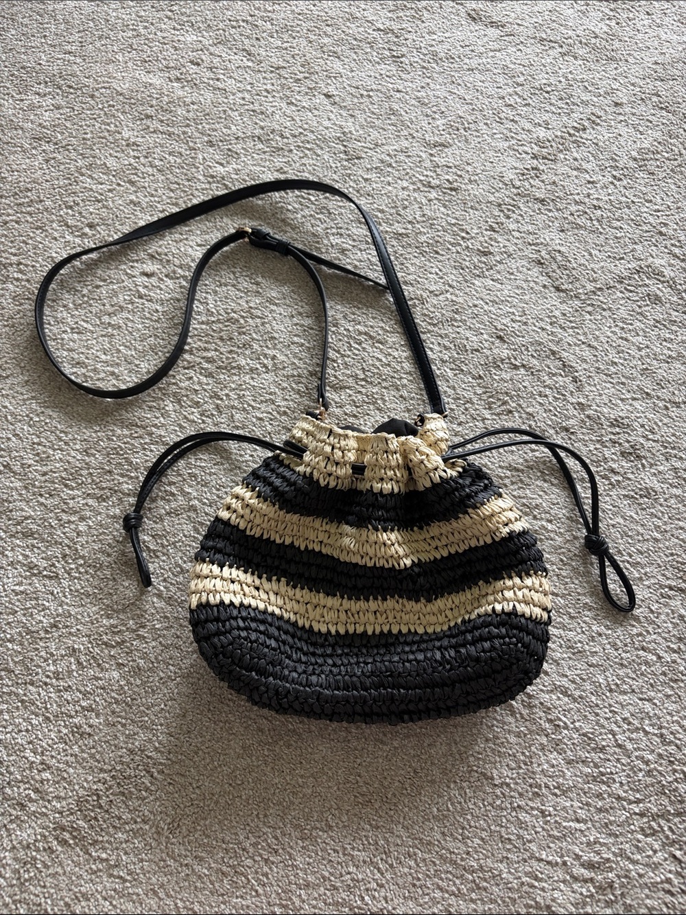Woven Black and Cream Drawstring Crossbody Bag